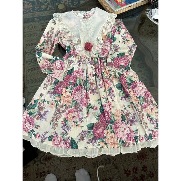 Vintage Celeste Kids Girls Floral Print Lace Trim Dress Size 7 80s 90s - Picture 1 of 8